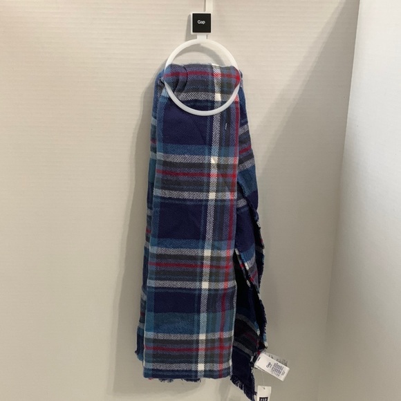 Gap blue plaid extra long scarf or wrap w shirt fringe edging